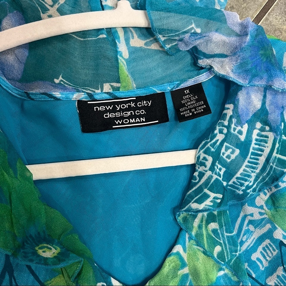 NEW YORK CITY DESIGN CO VTG SZ XL 100% SILk TOP PULLOVER MULTI BLUE RUFFLE BOHO - Picture 6 of 9